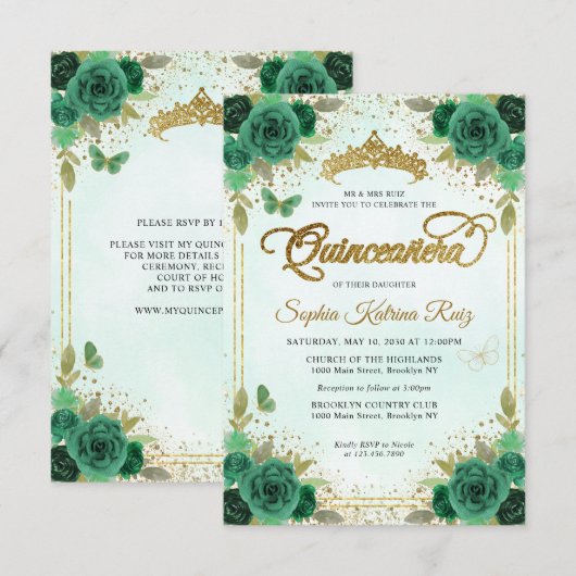 Budget Bloem Emerald Groen Glam Goud Quinceañera Notitiekaartje (Voorkant / Achterkant)