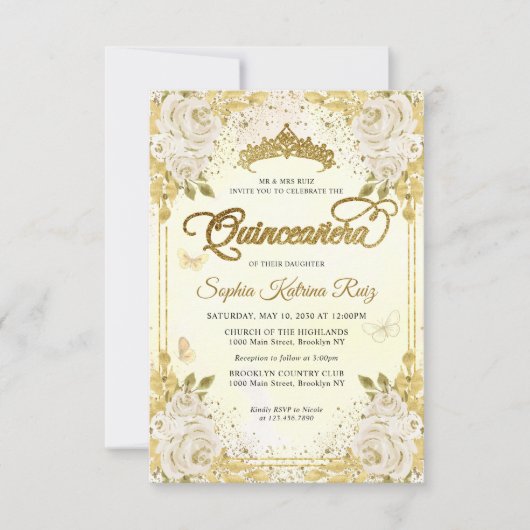Budget Bloem Faux Gouden Glitter Kroon Quinceañera Notitiekaartje (Voorkant)