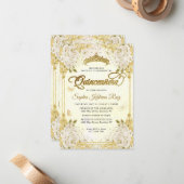 Budget Bloem Faux Gouden Glitter Kroon Quinceañera Notitiekaartje (Voorkant / Achterkant in situ)