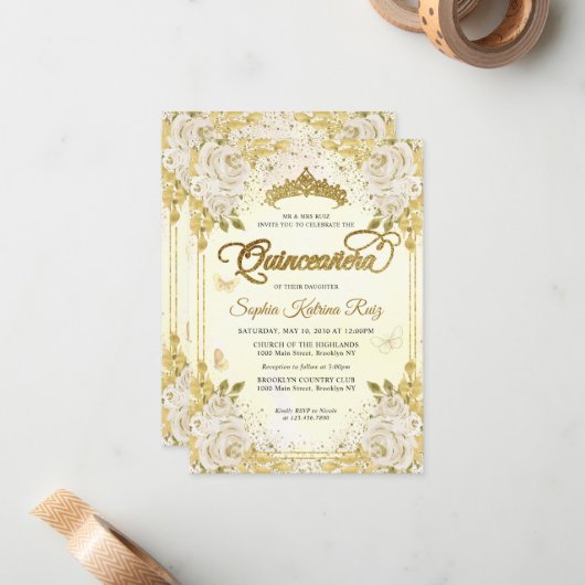 Budget Bloem Faux Gouden Glitter Kroon Quinceañera Notitiekaartje (Voorkant / Achterkant in situ)