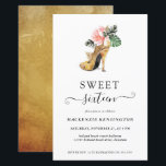 Budget Bloem Gouden Hakken Zoete 16 Verjaardag<br><div class="desc">Budget, Modern, Elegant, Chic Bloem Gouden Hoge Hakken Zoete 16 Verjaardagsfeest Uitnodiging met onze glamoureuze glinsterende waterverf gouden hoge hak omringd door roze en groene tropische bloemen. De achtergrond is een luxe waterverf gouden was. Eenvoudig aan te passen met uw informatie voor een eenvoudig elegante 16e verjaardagsverjaardagsuitnodiging. **Ons BUDGET papier...</div>
