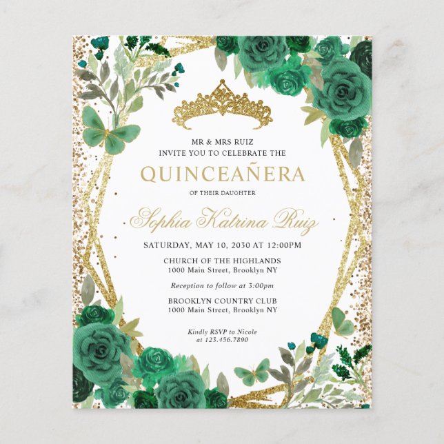 Budget bloem groen gouden tiara Quinceañera uitnod (Voorkant)