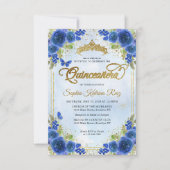Budget Bloem Navyblauw Gouden Tiara Quinceañera Notitiekaartje (Voorkant)