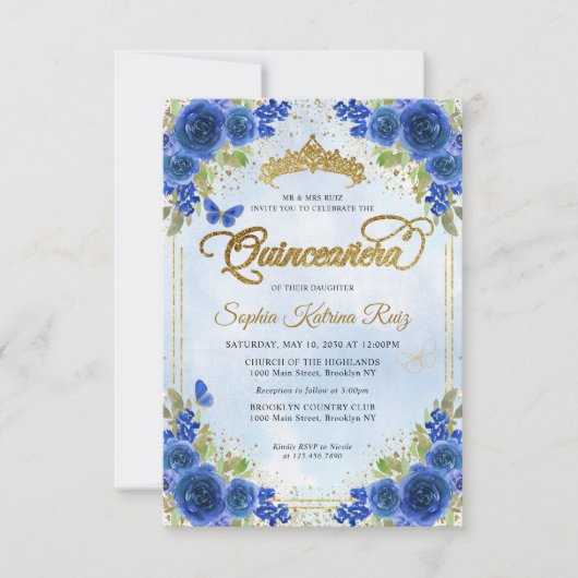 Budget Bloem Navyblauw Gouden Tiara Quinceañera Notitiekaartje (Voorkant)