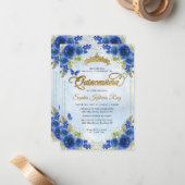 Budget Bloem Navyblauw Gouden Tiara Quinceañera Notitiekaartje (Voorkant / Achterkant in situ)
