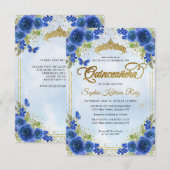 Budget Bloem Navyblauw Gouden Tiara Quinceañera Notitiekaartje (Voorkant / Achterkant)