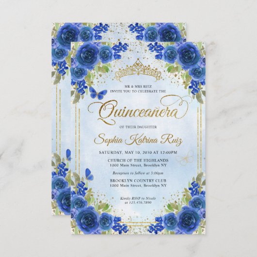 Budget Bloem Navyblauw Gouden Tiara Quinceañera Notitiekaartje (Voorkant / Achterkant)