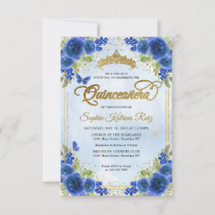 Budget Bloem Navyblauw Gouden Tiara Quinceañera Notitiekaartje