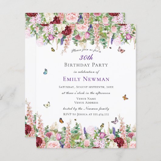 Budget Bloemen 30e Verjaardag Feest Uitnodiging (Voorkant / Achterkant)