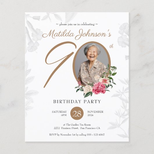 Budget Bloemen 90ste verjaardag Uitnodiging (Voorkant)