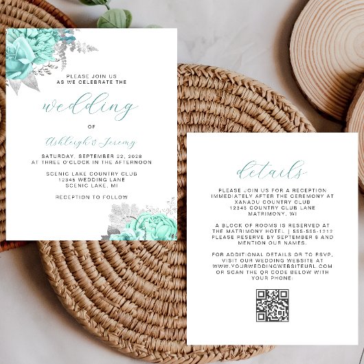 Budget Bloemen Aqua Zilver QR Code Trouw Uitnodigi