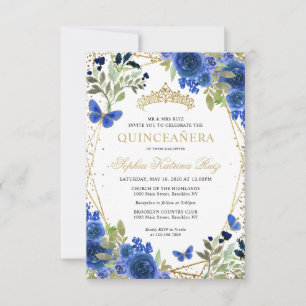 Budget Bloemen Blauw Goud Tiara Quinceañera Invite Notitiekaartje