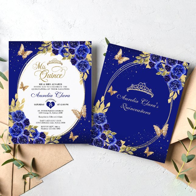 BUDGET Bloemen Blauw Gouden Vlinder Quinceanera (Creator heeft geüpload)