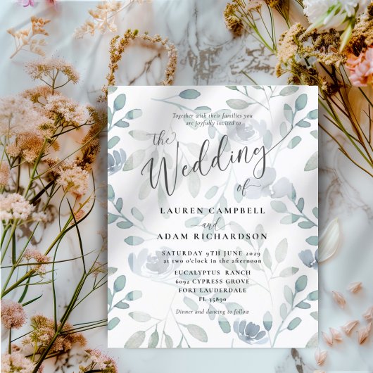 Budget bloemen blauwe eucalyptus trouw uitnodiging