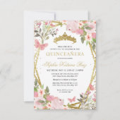Budget Bloemen Blush Goud Tiara Quinceañera Invite Notitiekaartje (Voorkant)