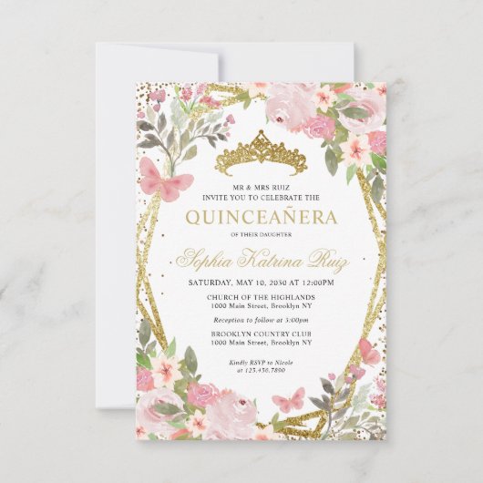 Budget Bloemen Blush Goud Tiara Quinceañera Invite Notitiekaartje (Voorkant)