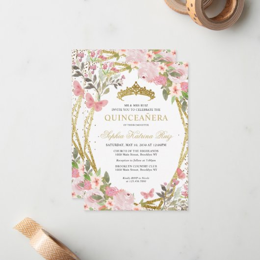 Budget Bloemen Blush Goud Tiara Quinceañera Invite Notitiekaartje (Voorkant / Achterkant in situ)