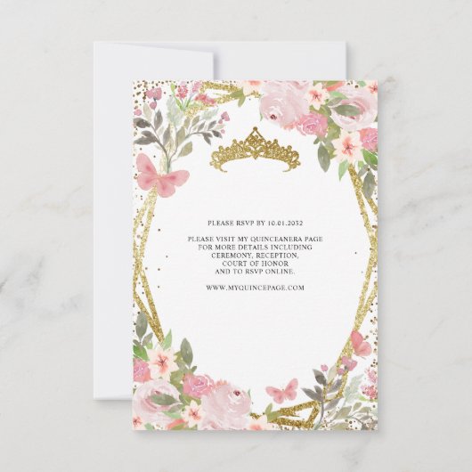 Budget Bloemen Blush Goud Tiara Quinceañera Invite Notitiekaartje (Achterkant)