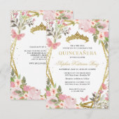 Budget Bloemen Blush Goud Tiara Quinceañera Invite Notitiekaartje (Voorkant / Achterkant)