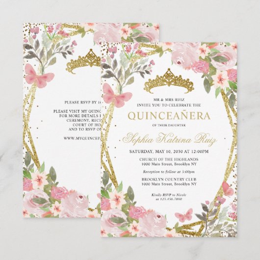 Budget Bloemen Blush Goud Tiara Quinceañera Invite Notitiekaartje (Voorkant / Achterkant)