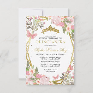 Budget Bloemen Blush Goud Tiara Quinceañera Invite Notitiekaartje