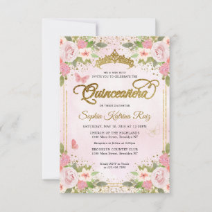Budget Bloemen Blush Roze Goud Glitter Quinceañera Notitiekaartje