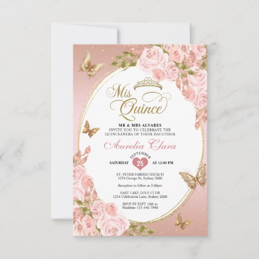 BUDGET Bloemen Blush Roze Gouden Vlinder Mis Quinc Notitiekaartje (Voorkant)
