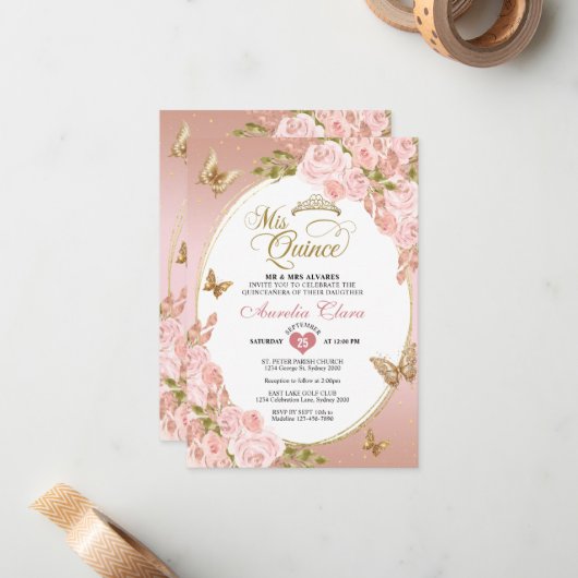 BUDGET Bloemen Blush Roze Gouden Vlinder Mis Quinc Notitiekaartje (Voorkant / Achterkant in situ)