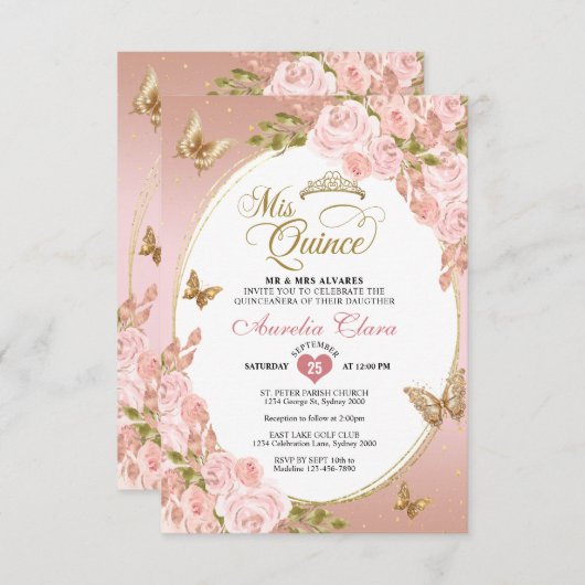 BUDGET Bloemen Blush Roze Gouden Vlinder Mis Quinc Notitiekaartje (Voorkant / Achterkant)