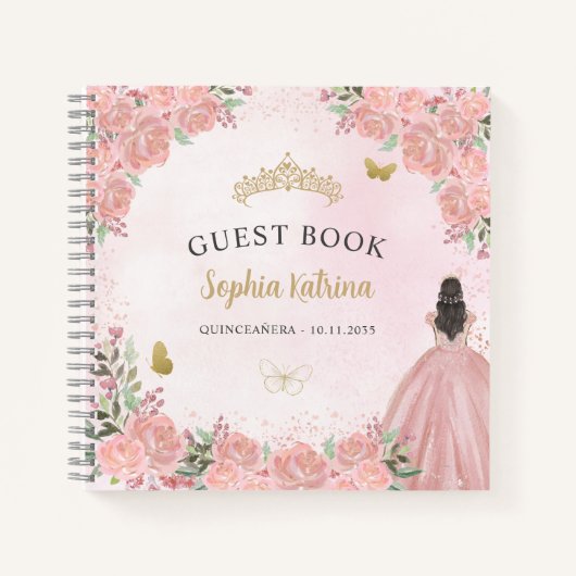 Budget Bloemen Blush Roze Quinceanera Gastenboek Notitieboek (Voorkant)