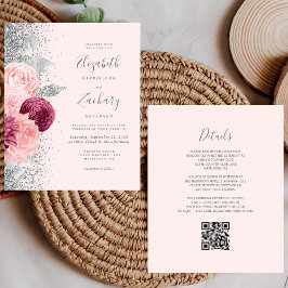 Budget Bloemen Blush Zilver Glitter QR Code Huweli