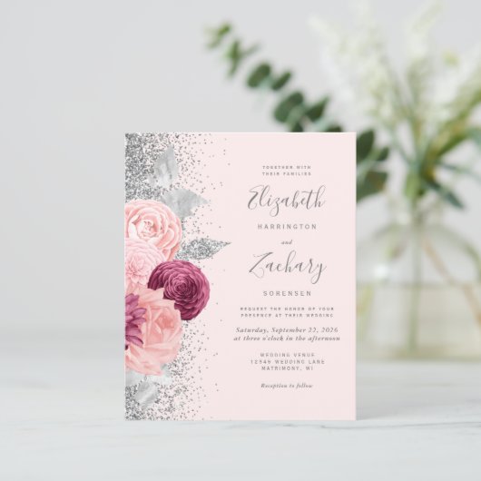 Budget Bloemen Blush Zilver Glitter QR Code Huweli (Staand voorkant)
