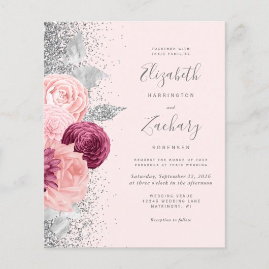 Budget Bloemen Blush Zilver Glitter QR Code Huweli (Voorkant)