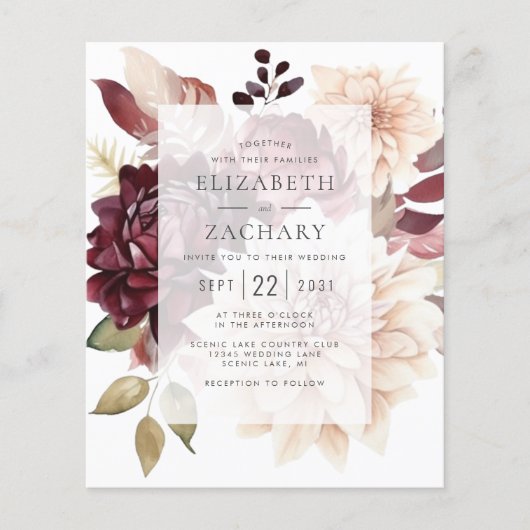 Budget Bloemen Bourgogne Crème Herfst Bruiloftsuit (Voorkant)