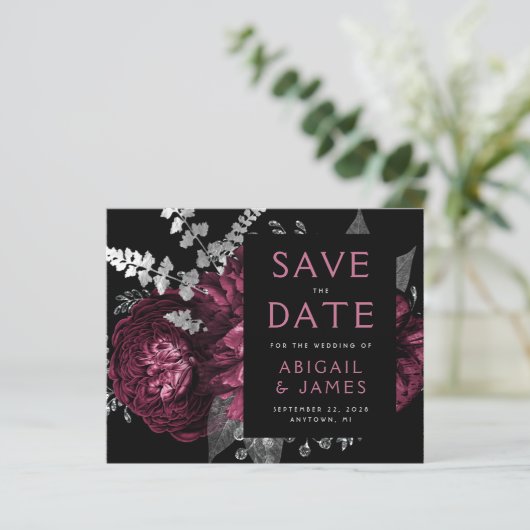Budget Bloemen Bourgogne Zilver Save the Date (Staand voorkant)