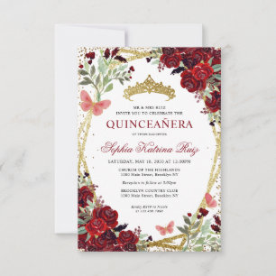 Budget Bloemen Bourgondië rood goud Tiara Quinceañ Notitiekaartje