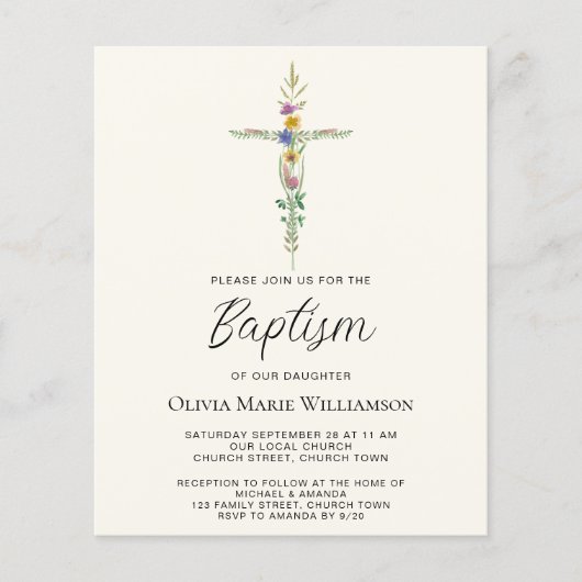 Budget Bloemen Cross Baptism Uitnodiging (Voorkant)