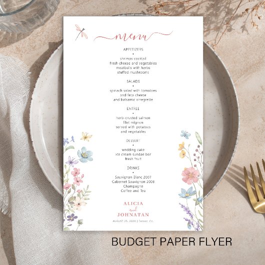 Budget bloemen elegante bruiloft menu flyer