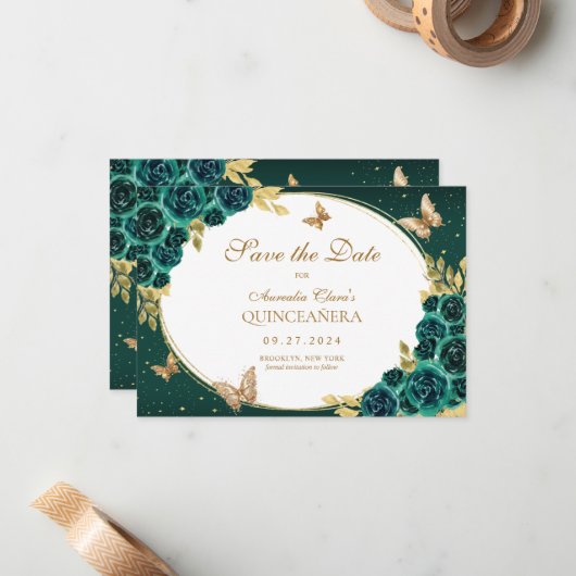 BUDGET Bloemen Emerald Gouden Vlinder Quinceañera Notitiekaartje (Voorkant / Achterkant in situ)