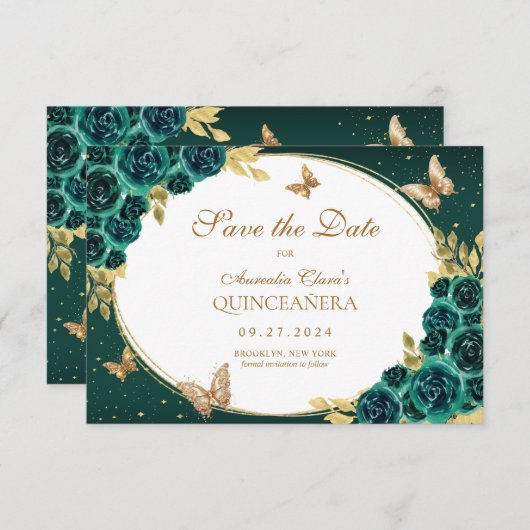 BUDGET Bloemen Emerald Gouden Vlinder Quinceañera Notitiekaartje (Voorkant / Achterkant)