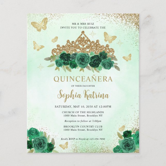 Budget Bloemen Emerald Groen Goud Tiara Quinceañer (Voorkant)
