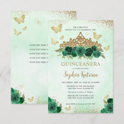 Budget Bloemen Emerald Groen Goud Tiara Quinceañer Notitiekaartje (Voorkant / Achterkant)