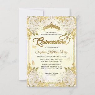 Budget Bloemen Faux Gold Glitter Crown Quinceañera Notitiekaartje
