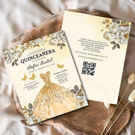 Budget Bloemen Goud QR Code Prinses Quinceanera Flyer