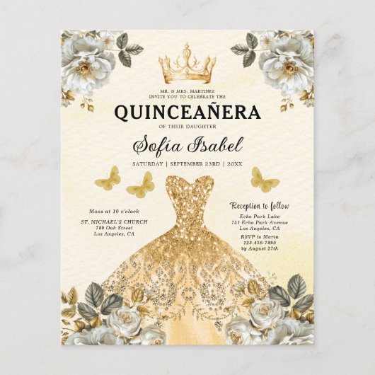 Budget Bloemen Goud Vlinder Prinses Quinceanera Flyer (Voorkant)