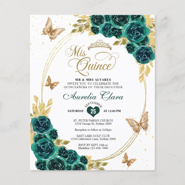 BUDGET Bloemen Groen Gouden Vlinder Quinceanera (Voorkant)