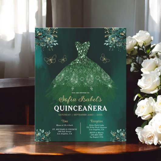 Budget Bloemen Groen Tweetalig Spaans Quinceanera Flyer