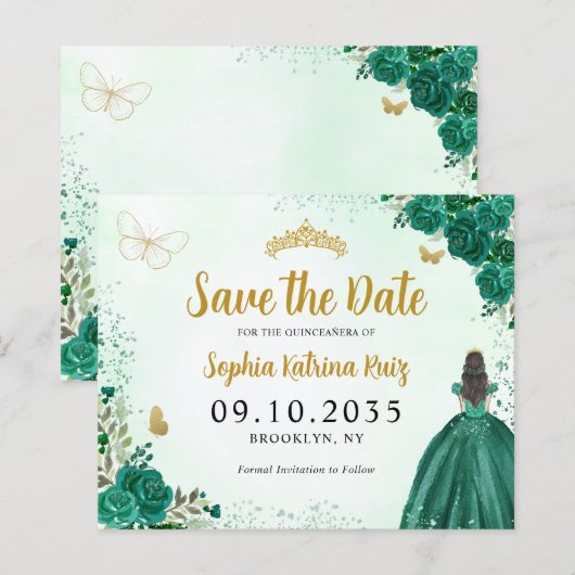 Budget Bloemen Groene Quinceanera Save the Date (Voorkant / Achterkant)
