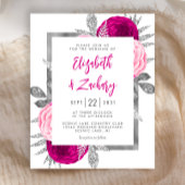 Budget Bloemen Hot Roze Zilveren bruiloft Uitnodig