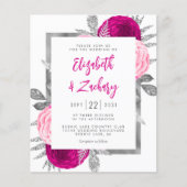 Budget Bloemen Hot Roze Zilveren bruiloft Uitnodig (Voorkant)